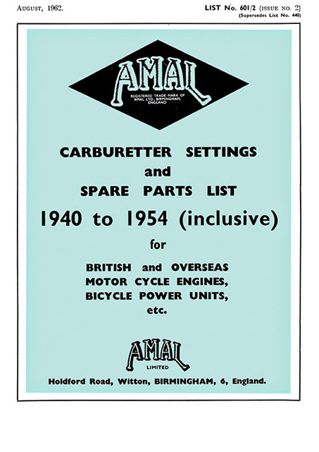 1940-1954 Amal Settings and Spare Parts List