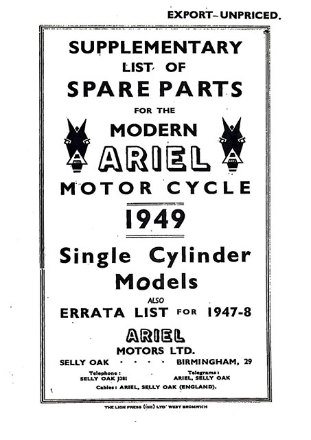 1949 Ariel Single Cylinder Models Supplementary Spare Parts