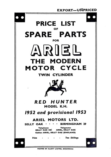 1952 Ariel KH Red Hunter Spare Parts