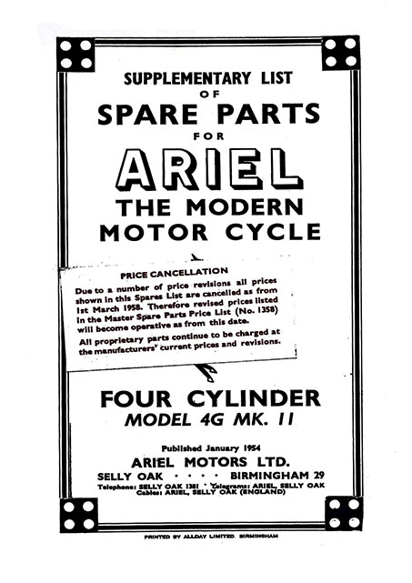 1954 Ariel Model 4G MK2 Square Four Supplementary Spare Parts