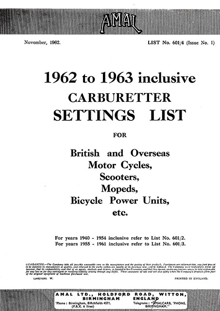1962-1963 Amal Carburetter Settings List No.601