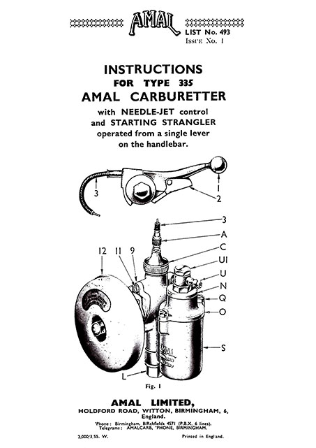 Amal Type 335 Carburetter Instructions List No. 493