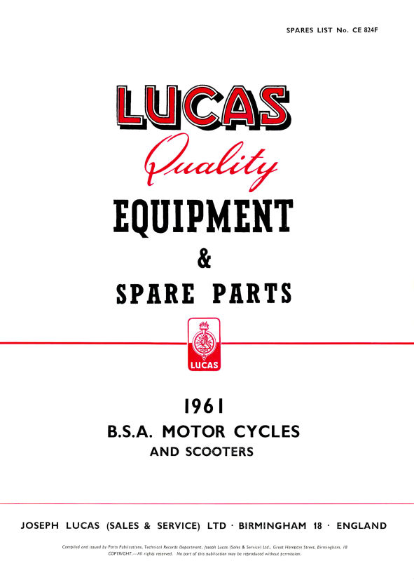 Lucas BSA 1961 Equipment & Spare Parts