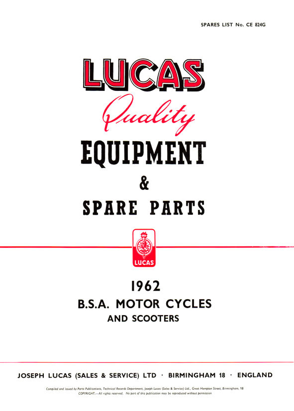 Lucas BSA 1962 Equipment & Spare Parts