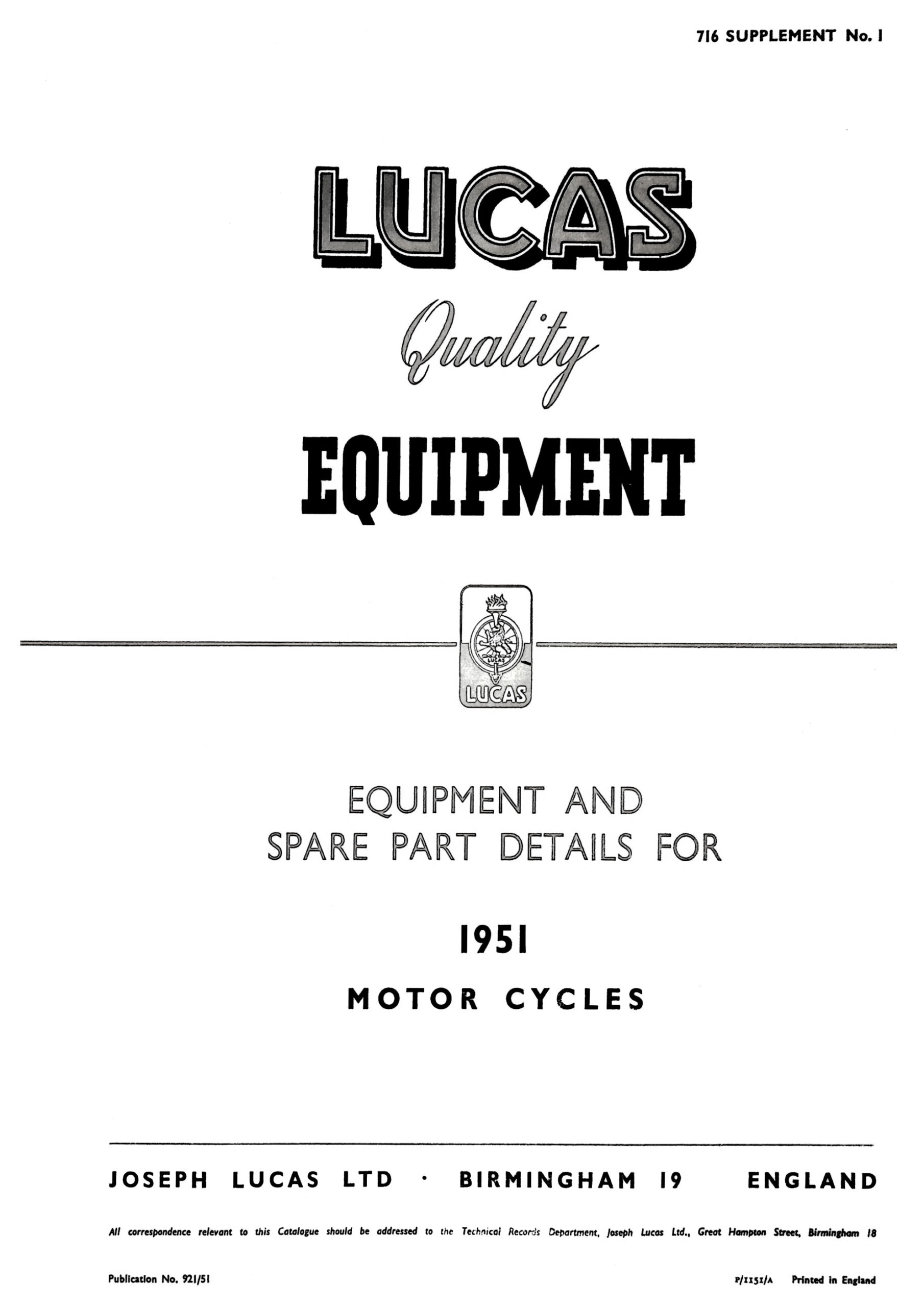1951 Lucas Equipment & Spare Parts For Motorcycles