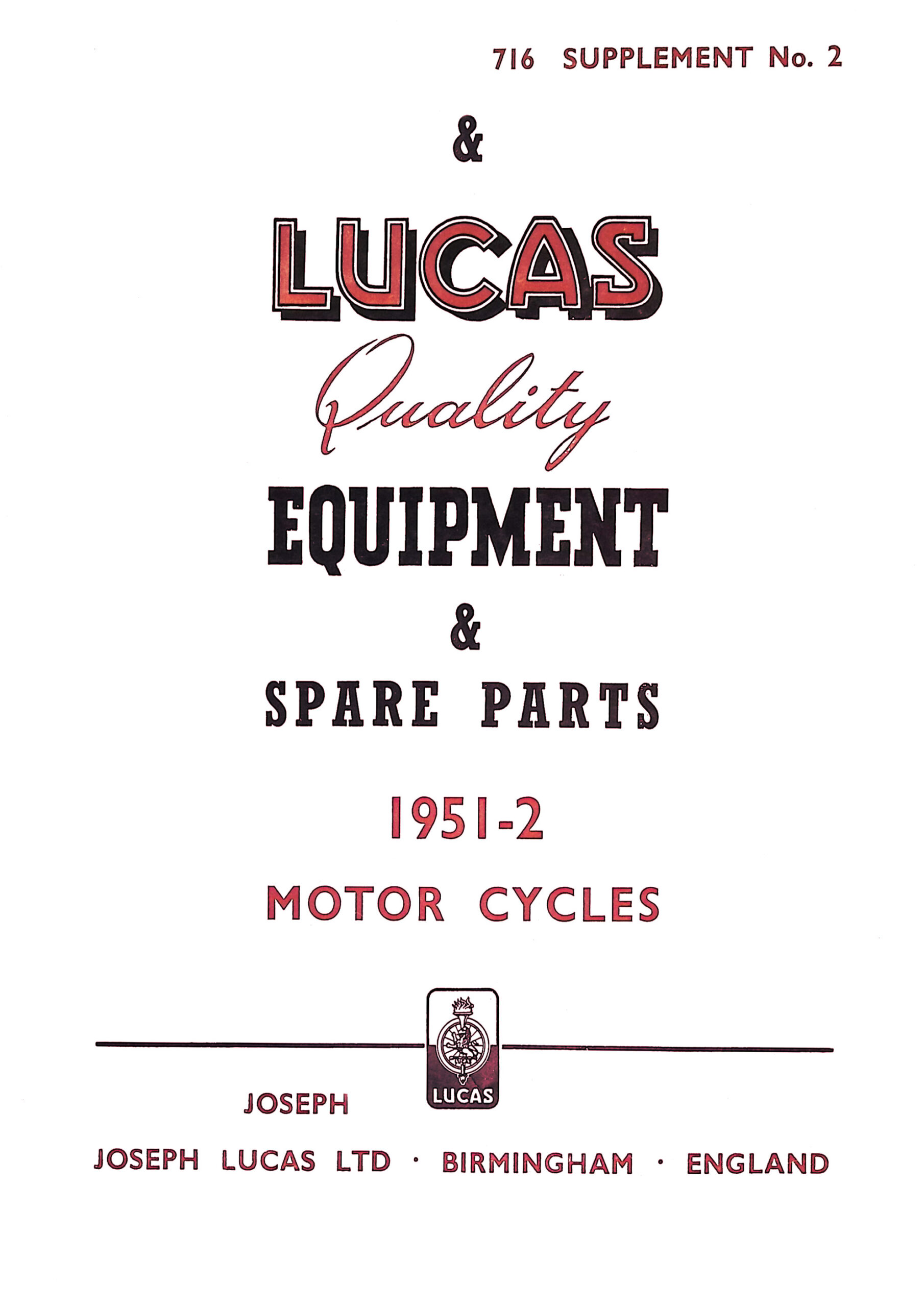 1951-1952 Lucas Equipment & Spare Parts For Motorcycles