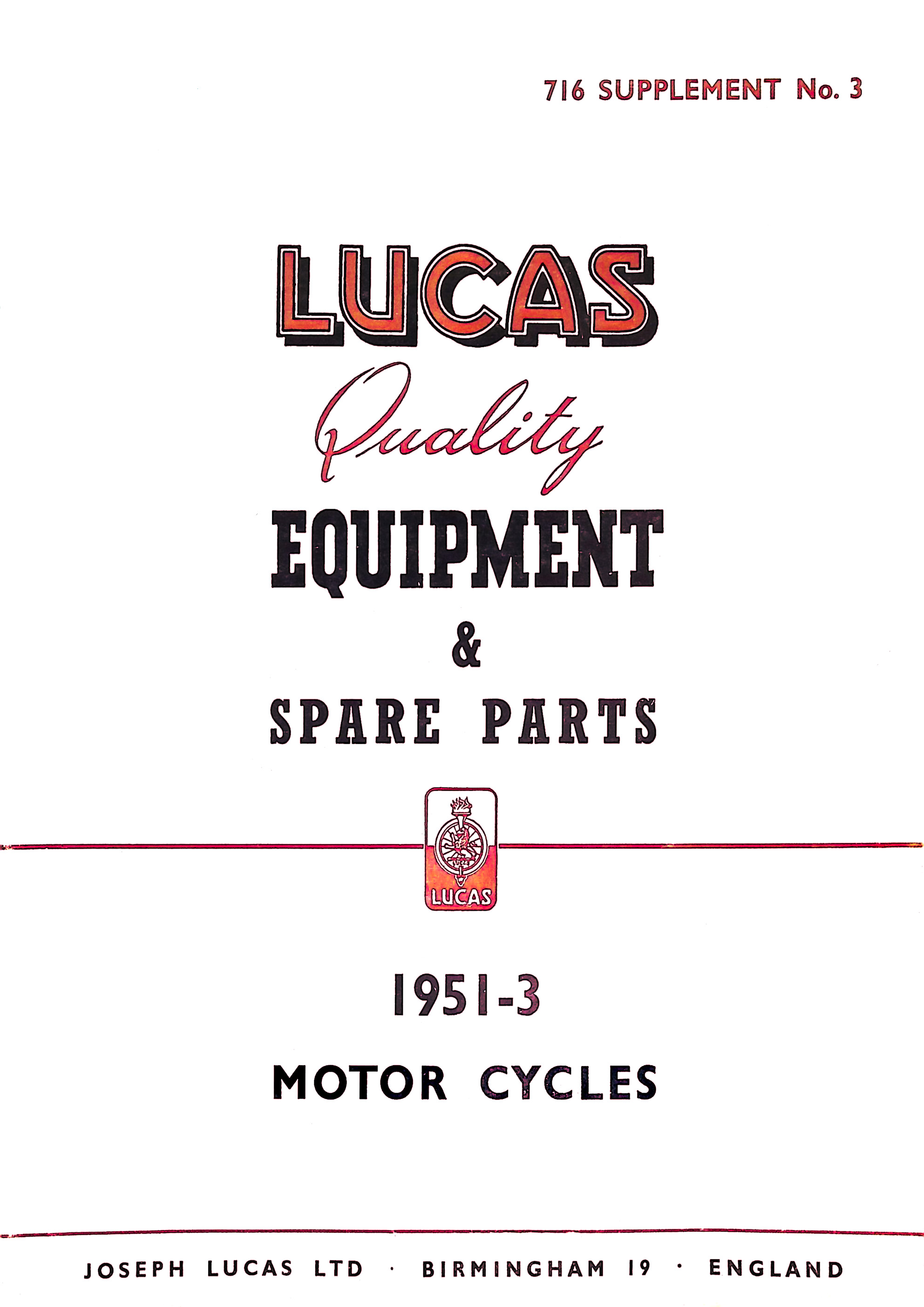 1951-1953 Lucas Equipment & Spare Parts For Motorcycles