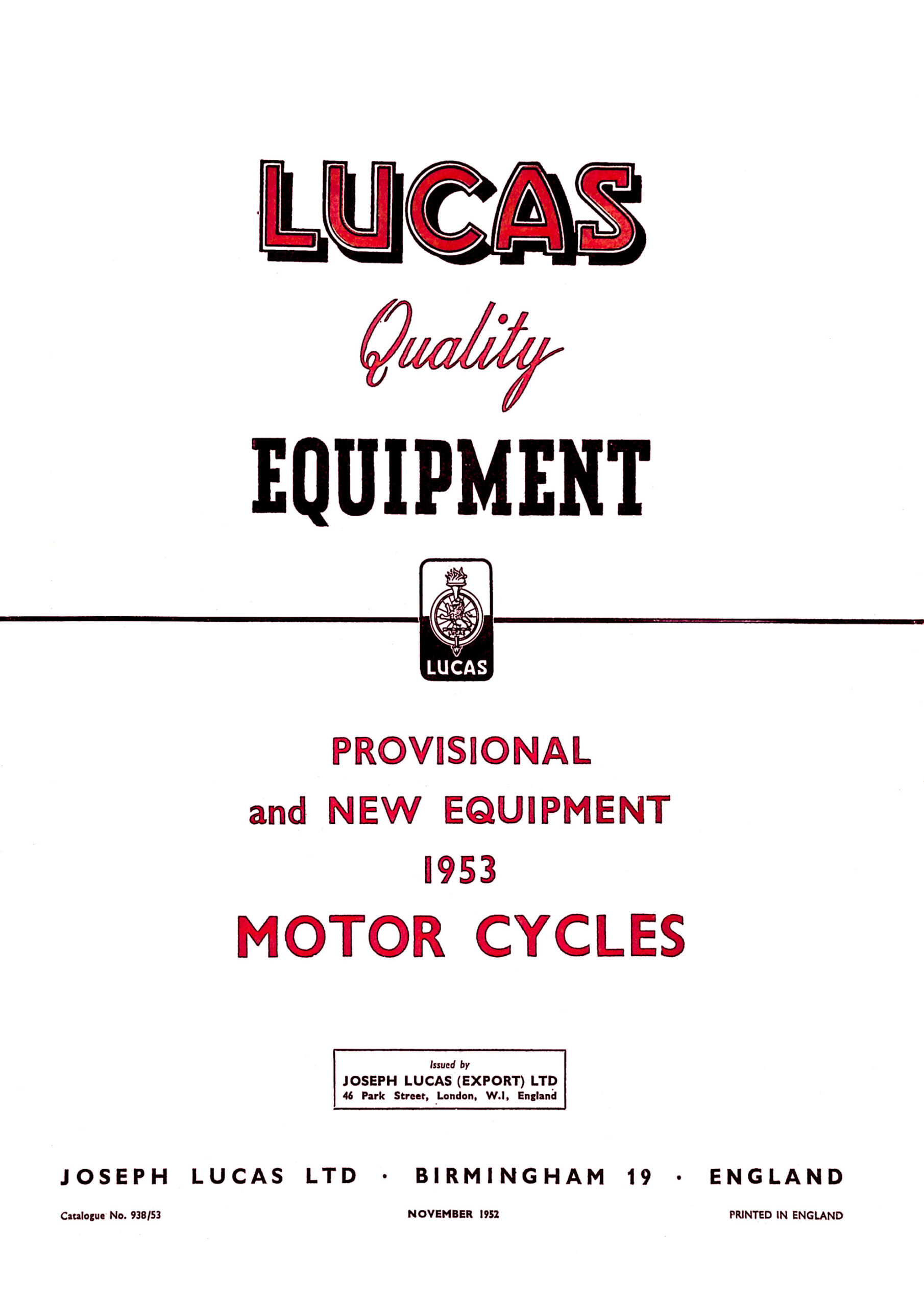 1953 Lucas Equipment & Spare Parts For Motorcycles