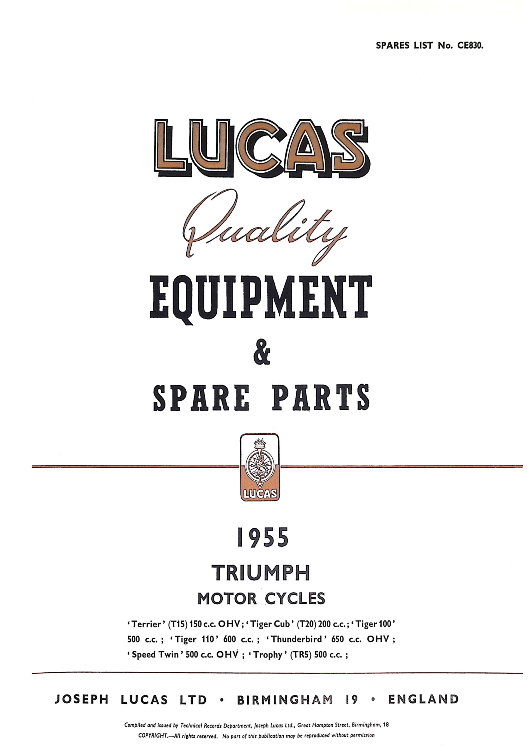 Lucas Triumph 1955 Equipment & Spare Parts