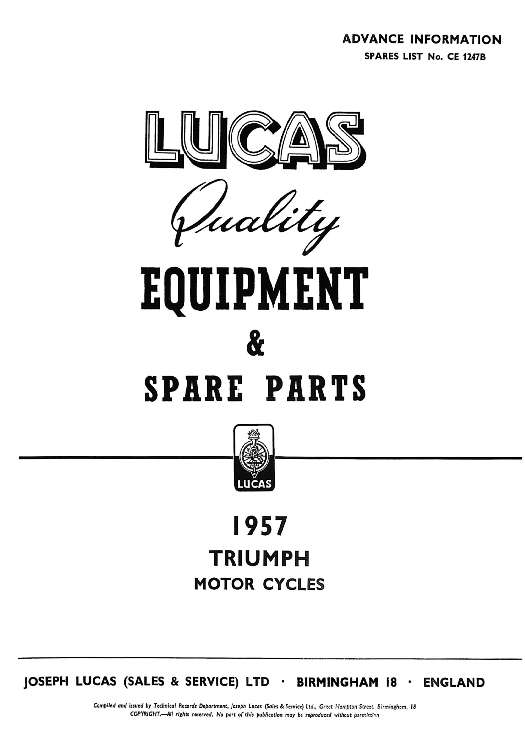 Lucas Triumph 1957 Equipment & Spare Parts